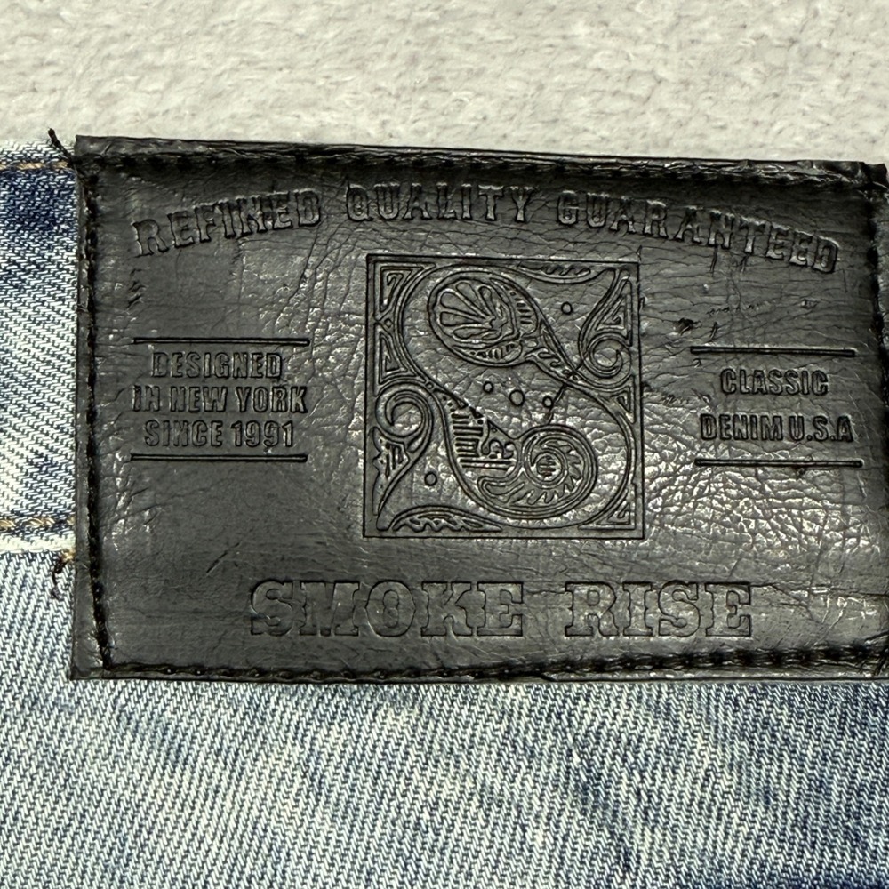 Smoke Rise Jeans Mens 44x32 Blue Acid Wash Distressed Straight Leg Denim Pants - Picture 9 of 10